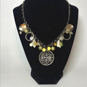 Boho Gold Tone Charm Necklace Filigree Pendant Earthy Mixed Beads 17”